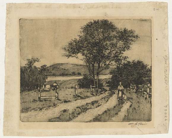 Artist: b'Reid, D.G.' | Title: b'(Cow paddock with milkmaid)' | Date: c.1910 | Technique: b'etching, printed in black ink with plate-tone, from one plate' Artist: b'Reid, D.G.' | Title: b'(Cow paddock with milkmaid)' | Date: c.1910 | Technique: b'etching, printed in black ink with plate-tone, from one plate'