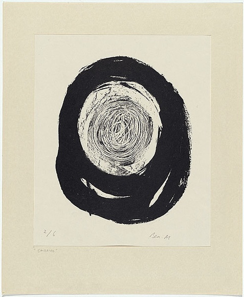Artist: b'MADDOCK, Bea' | Title: b'Embryo' | Date: 1962 | Technique: b'lithograph, printed in black ink by hand-burnishing, from one stone' Artist: b'MADDOCK, Bea' | Title: b'Embryo' | Date: 1962 | Technique: b'lithograph, printed in black ink by hand-burnishing, from one stone'