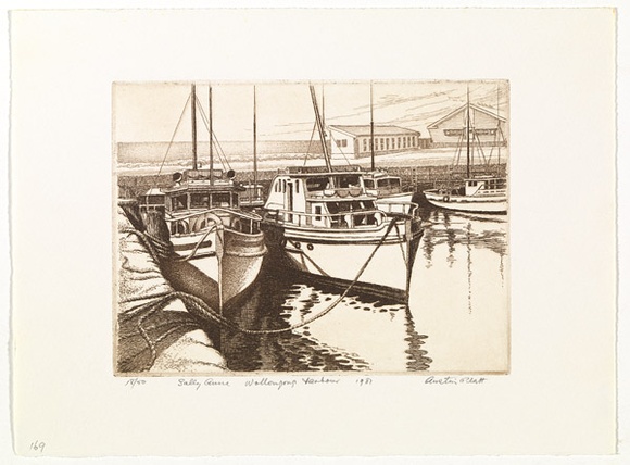 Artist: b'PLATT, Austin' | Title: b'Sally Anne, Wollongong harbour' | Date: 1981 | Technique: b'etching, printed in black ink, from one plate' Artist: b'PLATT, Austin' | Title: b'Sally Anne, Wollongong harbour' | Date: 1981 | Technique: b'etching, printed in black ink, from one plate'