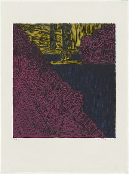 Artist: b'MAKIN, Jeffrey' | Title: b'Howqua morning' | Date: 1988 | Technique: b'etching, flat biting, printed in coloour from five plates' Artist: b'MAKIN, Jeffrey' | Title: b'Howqua morning' | Date: 1988 | Technique: b'etching, flat biting, printed in coloour from five plates'