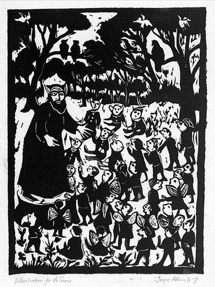 Artist: b'Allen, Joyce.' | Title: b'(Meeting in the Grove with Wizard Agonis) (Illustration 1).' | Date: 1987 | Technique: b'linocut, printed in black ink, from one block' Artist: b'Allen, Joyce.' | Title: b'(Meeting in the Grove with Wizard Agonis) (Illustration 1).' | Date: 1987 | Technique: b'linocut, printed in black ink, from one block'