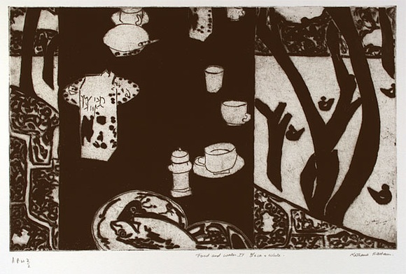 Artist: b'Hattam, Katherine.' | Title: b'Food and water II black & white' | Date: 1998, September | Technique: b'etching and aquatint, printed in black ink with plate-tone, from one plate' Artist: b'Hattam, Katherine.' | Title: b'Food and water II black & white' | Date: 1998, September | Technique: b'etching and aquatint, printed in black ink with plate-tone, from one plate'