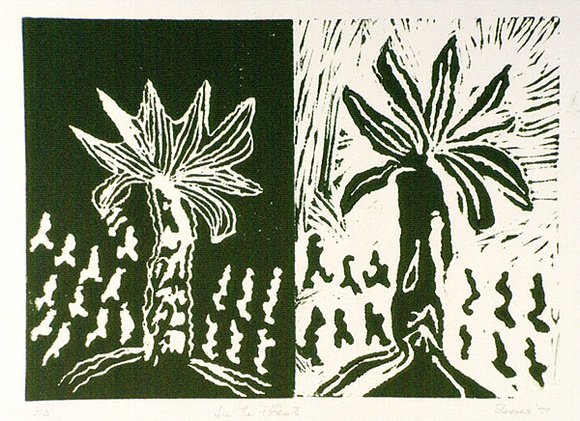 Artist: b'Shearer, Mitzi.' | Title: b'In the forest' | Date: 1977 | Technique: b'linocut, printed in green ink, from two blocks' Artist: b'Shearer, Mitzi.' | Title: b'In the forest' | Date: 1977 | Technique: b'linocut, printed in green ink, from two blocks'