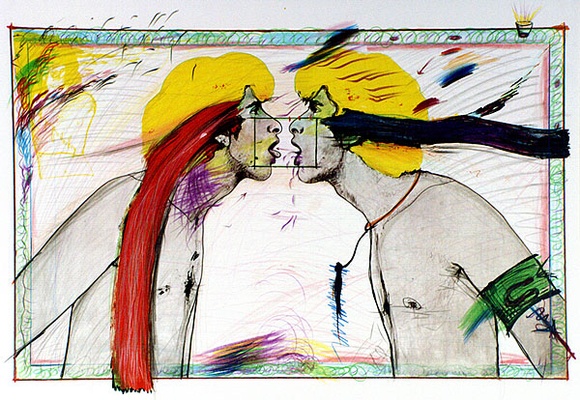 Artist: b'SHOMALY, Alberr' | Title: bGay's lib | Date: 1973 | Technique: b'photo-lithograph, printed in colour, from four aluminium plates; additions in pastel and wax crayon' Artist: b'SHOMALY, Alberr' | Title: bGay's lib | Date: 1973 | Technique: b'photo-lithograph, printed in colour, from four aluminium plates; additions in pastel and wax crayon'