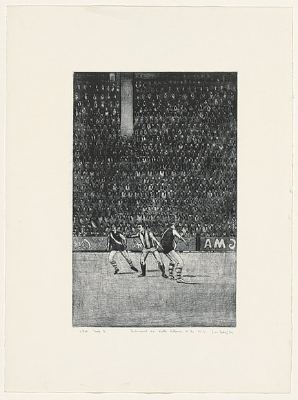 Artist: b'ROUBOS, Leon' | Title: b'Richmond vs North Melbourne at the MCG' | Date: 1984 | Technique: b'etching, printed in black ink, from one plate' Artist: b'ROUBOS, Leon' | Title: b'Richmond vs North Melbourne at the MCG' | Date: 1984 | Technique: b'etching, printed in black ink, from one plate'