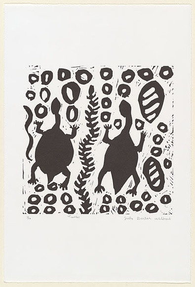 Artist: b'Doctor Wilfred, Judy.' | Title: b'Turtles' | Date: c.2001 | Technique: b'linocut, printed in black ink, from one block' Artist: b'Doctor Wilfred, Judy.' | Title: b'Turtles' | Date: c.2001 | Technique: b'linocut, printed in black ink, from one block'