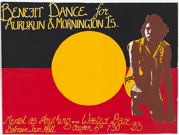 Artist: b'Lane, Leonie.' | Title: b'Benefit dance for Aurukun and Mornington Island' | Date: 1979 | Technique: b'screenprint, printed in colour, from four stencils' | Copyright: b'\xc2\xa9 Leonie Lane' Artist: b'Lane, Leonie.' | Title: b'Benefit dance for Aurukun and Mornington Island' | Date: 1979 | Technique: b'screenprint, printed in colour, from four stencils' | Copyright: b'\xc2\xa9 Leonie Lane'