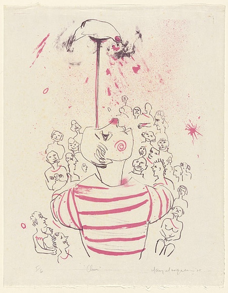 Artist: b'MACQUEEN, Mary' | Title: b'Clown' | Date: 1968 | Technique: b'lithograph, printed in colour, from two plates in pink and purple ink' | Copyright: b'Courtesy Paulette Calhoun, for the estate of Mary Macqueen' Artist: b'MACQUEEN, Mary' | Title: b'Clown' | Date: 1968 | Technique: b'lithograph, printed in colour, from two plates in pink and purple ink' | Copyright: b'Courtesy Paulette Calhoun, for the estate of Mary Macqueen'