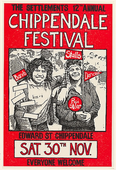 Artist: b'Vance, Karen.' | Title: bThe Settlement's 12th annual Chippendale Festival. | Date: 1985 | Technique: b'screenprint, printed in colour, from two stencils' Artist: b'Vance, Karen.' | Title: bThe Settlement's 12th annual Chippendale Festival. | Date: 1985 | Technique: b'screenprint, printed in colour, from two stencils'