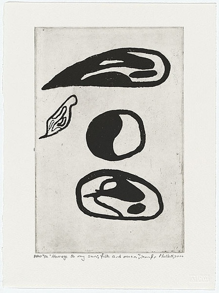 Artist: b'Mullett, Jennifer.' | Title: b'Homage to my son; fish and moon' | Date: 2000, June | Technique: b'aquatint, printed in black ink, from one plate' Artist: b'Mullett, Jennifer.' | Title: b'Homage to my son; fish and moon' | Date: 2000, June | Technique: b'aquatint, printed in black ink, from one plate'