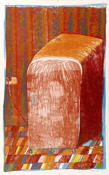 Artist: b'Eager, Helen.' | Title: b'(Red refrigerator with opening door).' | Date: 1975 | Technique: b'lithograph, printed in colour, from multiple stones; folding to reveal 2nd colour lithograph' Artist: b'Eager, Helen.' | Title: b'(Red refrigerator with opening door).' | Date: 1975 | Technique: b'lithograph, printed in colour, from multiple stones; folding to reveal 2nd colour lithograph'