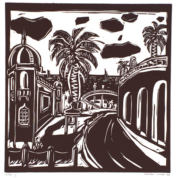 Artist: b'Lindsay, Cameron.' | Title: b'Upper Esplanade (St. Kilda)' | Date: 1995, September | Technique: b'linoblock, printed in black ink, from one block' Artist: b'Lindsay, Cameron.' | Title: b'Upper Esplanade (St. Kilda)' | Date: 1995, September | Technique: b'linoblock, printed in black ink, from one block'