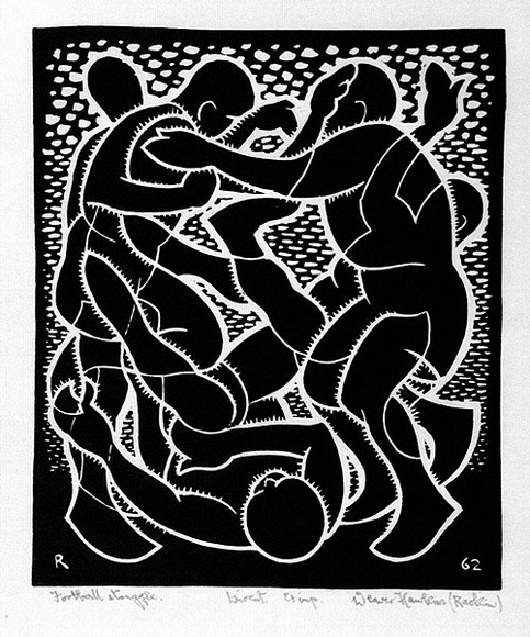 Artist: b'Hawkins, Weaver.' | Title: b'Football struggle' | Date: 1962 | Technique: b'linocut, printed in black ink, from one block' | Copyright: b'The Estate of H.F Weaver Hawkins' Artist: b'Hawkins, Weaver.' | Title: b'Football struggle' | Date: 1962 | Technique: b'linocut, printed in black ink, from one block' | Copyright: b'The Estate of H.F Weaver Hawkins'