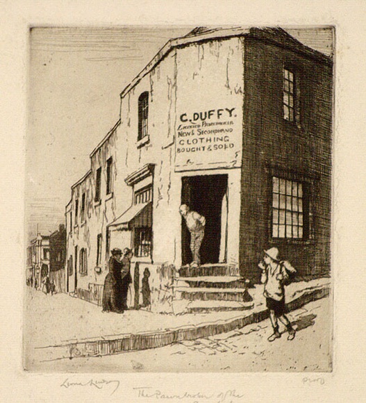 Artist: b'LINDSAY, Lionel' | Title: b'Pawnbroker of the Argyle Cut' | Date: 1917 | Technique: b'etching, printed in brown ink with plate-tone, from one plate' | Copyright: b'Courtesy of the National Library of Australia' Artist: b'LINDSAY, Lionel' | Title: b'Pawnbroker of the Argyle Cut' | Date: 1917 | Technique: b'etching, printed in brown ink with plate-tone, from one plate' | Copyright: b'Courtesy of the National Library of Australia'