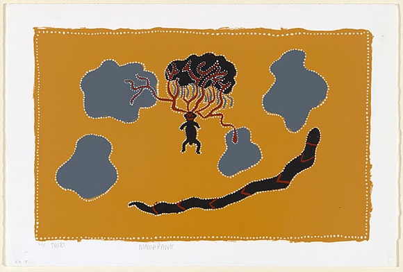Artist: b'Griffiths, Altoun.' | Title: b'Mamarang' | Date: 1997, July | Technique: b'screenprint, printed in colour, from multiple stencils' Artist: b'Griffiths, Altoun.' | Title: b'Mamarang' | Date: 1997, July | Technique: b'screenprint, printed in colour, from multiple stencils'