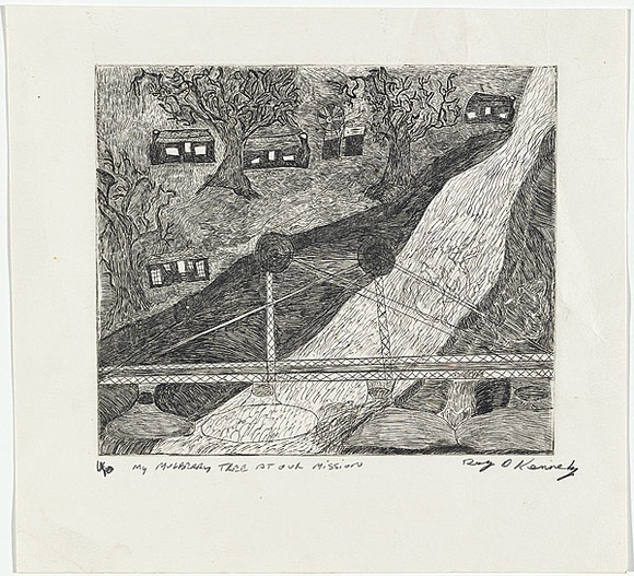 Artist: b'Kennedy, Roy.' | Title: b'My mulberry tree at our mission' | Date: 1999 | Technique: b'etching, printed in black ink, from one plate' Artist: b'Kennedy, Roy.' | Title: b'My mulberry tree at our mission' | Date: 1999 | Technique: b'etching, printed in black ink, from one plate'