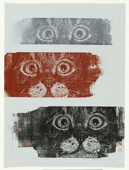 Artist: b'Thorpe, Lesbia.' | Title: b'Farm-yard cats' | Date: 1983 | Technique: b'woodcut, printed in colour, from three blocks' Artist: b'Thorpe, Lesbia.' | Title: b'Farm-yard cats' | Date: 1983 | Technique: b'woodcut, printed in colour, from three blocks'