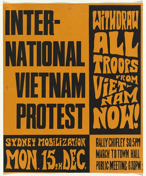 Artist: b'MACKINOLTY, Chips' | Title: b'International Vietnam protest' | Date: 1969 | Technique: b'screenprint, printed in black ink, from one stencil' Artist: b'MACKINOLTY, Chips' | Title: b'International Vietnam protest' | Date: 1969 | Technique: b'screenprint, printed in black ink, from one stencil'
