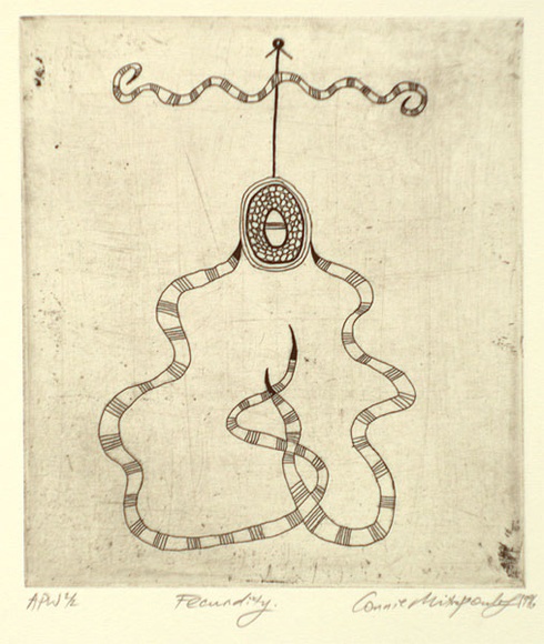 Artist: b'MITROPOULOS, Connie' | Title: b'Fecundity' | Date: 1996, July/August | Technique: b'etching, printed in black ink, from one plate' Artist: b'MITROPOULOS, Connie' | Title: b'Fecundity' | Date: 1996, July/August | Technique: b'etching, printed in black ink, from one plate'