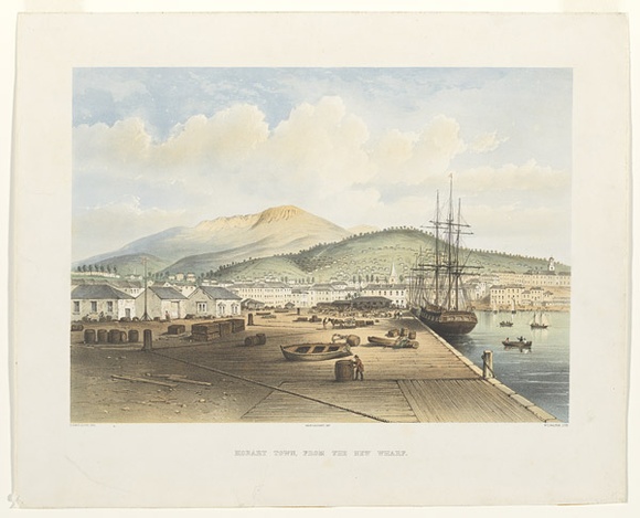 Artist: b'Lloyd, Henry Grant.' | Title: b'Hobart Town from the New Wharf.' | Date: c.1857 | Technique: b'lithograph, printed in black ink, from one stone; hand-coloured' Artist: b'Lloyd, Henry Grant.' | Title: b'Hobart Town from the New Wharf.' | Date: c.1857 | Technique: b'lithograph, printed in black ink, from one stone; hand-coloured'