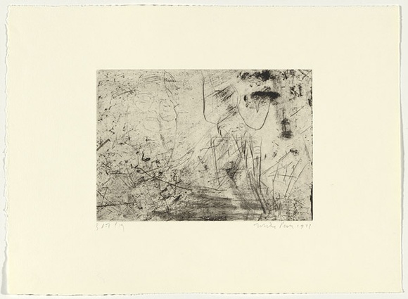 Artist: b'PARR, Mike' | Title: b'Gun into vanishing point 19' | Date: 1988-89 | Technique: b'drypoint and foul biting, printed in black ink, from one copper plate' Artist: b'PARR, Mike' | Title: b'Gun into vanishing point 19' | Date: 1988-89 | Technique: b'drypoint and foul biting, printed in black ink, from one copper plate'