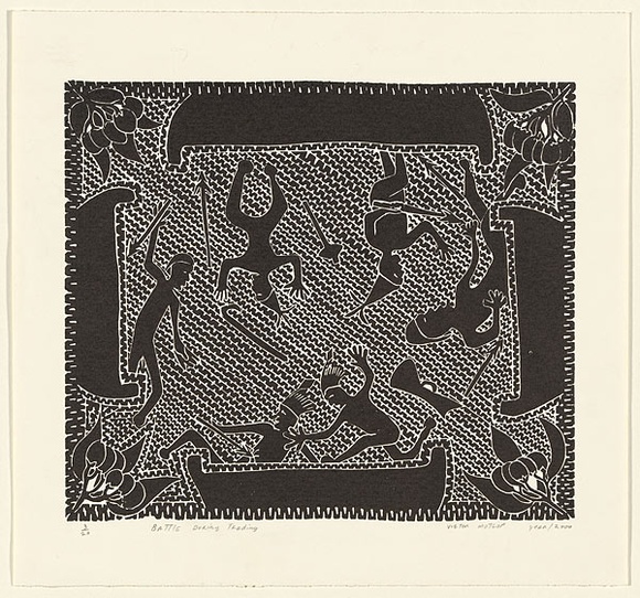 Artist: b'MOTLOP, Victor' | Title: b'Battle during trading' | Date: 2000 | Technique: b'linocut, printed in black ink, from one block' Artist: b'MOTLOP, Victor' | Title: b'Battle during trading' | Date: 2000 | Technique: b'linocut, printed in black ink, from one block'