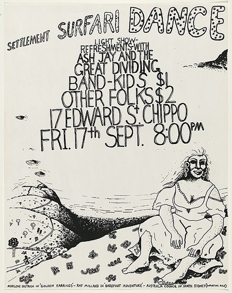 Artist: b'WORSTEAD, Paul' | Title: b'Settlement Surfari Dance: light show - Refreshments - with Ash Jay and The Great Dividing Band' | Date: 1976 | Technique: b'screenprint, printed in colour, from multiple stencils' | Copyright: b'This work appears on screen courtesy of the artist' Artist: b'WORSTEAD, Paul' | Title: b'Settlement Surfari Dance: light show - Refreshments - with Ash Jay and The Great Dividing Band' | Date: 1976 | Technique: b'screenprint, printed in colour, from multiple stencils' | Copyright: b'This work appears on screen courtesy of the artist'