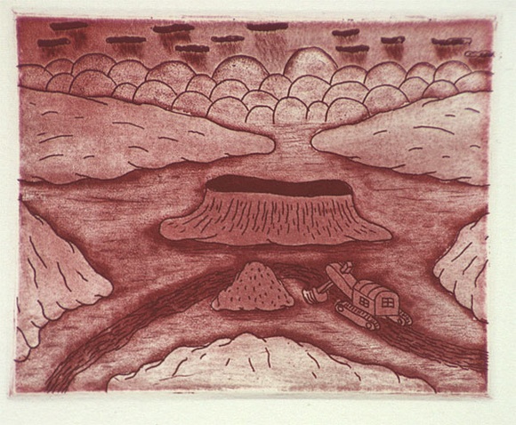 Artist: b'Bowen, Dean.' | Title: b'The excavator' | Date: 1989 | Technique: b'etching, printed in red ink, from one plate' Artist: b'Bowen, Dean.' | Title: b'The excavator' | Date: 1989 | Technique: b'etching, printed in red ink, from one plate'