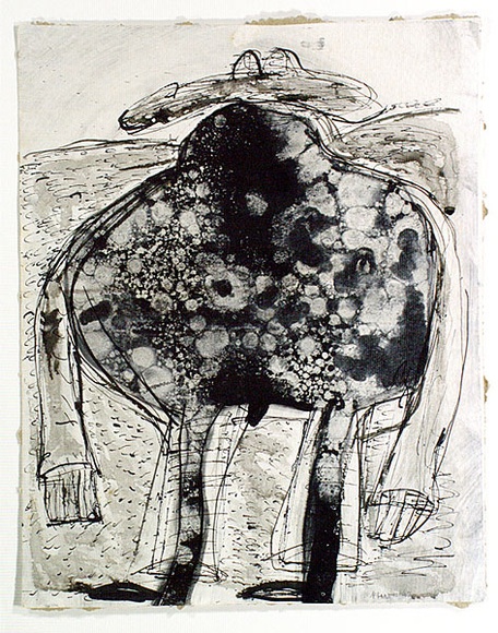 Artist: b'Partos, Paul.' | Title: b'(Figure with hat in landscape)' | Date: 1963 | Technique: b'monotype, printed in colour, from one plate' Artist: b'Partos, Paul.' | Title: b'(Figure with hat in landscape)' | Date: 1963 | Technique: b'monotype, printed in colour, from one plate'