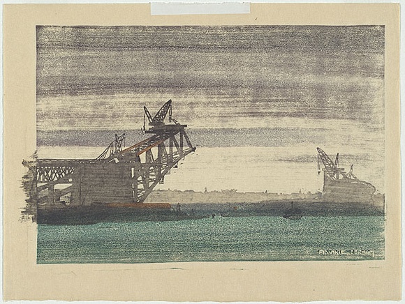 Artist: b'Derham, Frances.' | Title: b'Sydney bridge.' | Date: 1929 | Technique: b'linocut, printed in colour, from three blocks' Artist: b'Derham, Frances.' | Title: b'Sydney bridge.' | Date: 1929 | Technique: b'linocut, printed in colour, from three blocks'