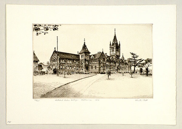 Artist: b'PLATT, Austin' | Title: b'Methodist Ladies College, Melbourne' | Date: 1934 | Technique: b'etching, printed in black ink, from one plate' Artist: b'PLATT, Austin' | Title: b'Methodist Ladies College, Melbourne' | Date: 1934 | Technique: b'etching, printed in black ink, from one plate'