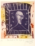 Artist: b'Olsen, John.' | Title: b'Beckett and the gypsy caravan' | Date: 1993 | Technique: b'aquatint, printed in colour with plate-tone, from one plate'