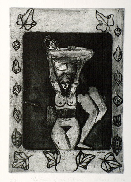 Artist: b'Shearer, Mitzi.' | Title: b'The fruits of our labour' | Date: 1980 | Technique: b'etching and aquatint, printed in black ink, from one plate'