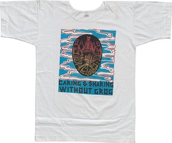 Artist: McMahon, Marie. | Title: T-shirt: Caring and sharing without grog. | Date: 1987 | Technique: screenprint, printed in colour, from four stencils