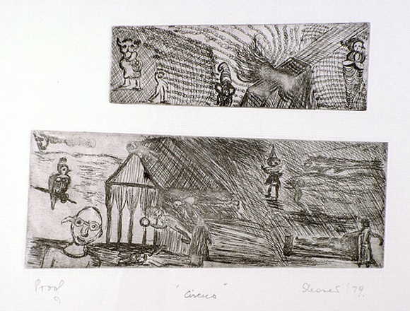 Artist: b'Shearer, Mitzi.' | Title: b'Circus' | Date: 1979 | Technique: b'etching, printed in black ink with plate-tone, from two plates' Artist: b'Shearer, Mitzi.' | Title: b'Circus' | Date: 1979 | Technique: b'etching, printed in black ink with plate-tone, from two plates'