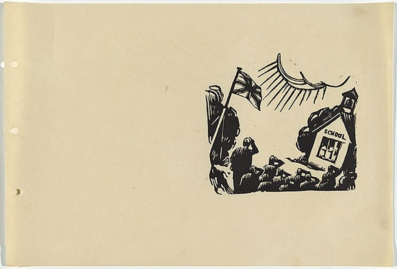 Artist: b'UNKNOWN, WORKER ARTISTS, SYDNEY, NSW' | Title: b'Not titled (school and flag).' | Date: 1933 | Technique: b'linocut, printed in black ink, from one block'
