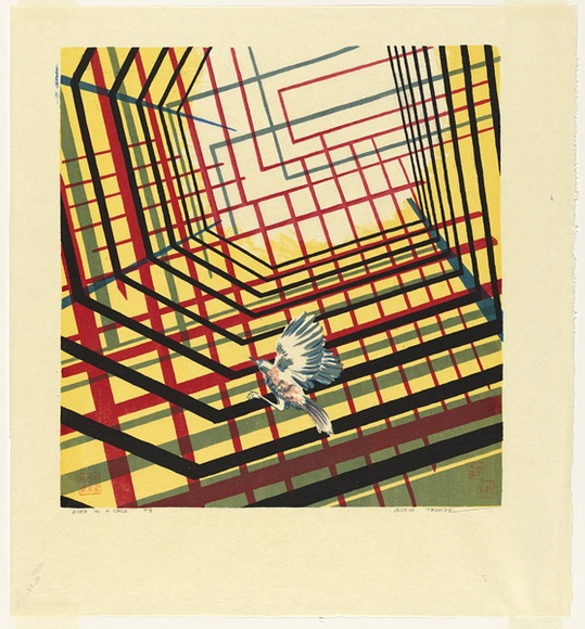 Artist: b'Thorpe, Lesbia.' | Title: b'Bird in a cage.' | Date: 1980 | Technique: b'screenprint, printed in colour, from five stencils' Artist: b'Thorpe, Lesbia.' | Title: b'Bird in a cage.' | Date: 1980 | Technique: b'screenprint, printed in colour, from five stencils'