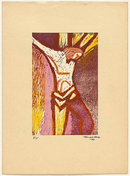 Artist: de Kesler, Thomas. | Title: not titled [Christ on the cross] | Date: about 1955 | Technique: linocut, printed in colour, from multiple blocks