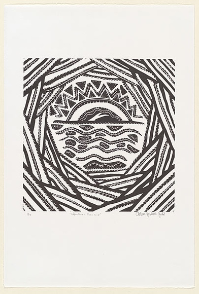 Artist: b'Joshua, Alan.' | Title: b'Sunrise at Ngukurr' | Date: c.2001 | Technique: b'linocut, printed in black ink, from one block' Artist: b'Joshua, Alan.' | Title: b'Sunrise at Ngukurr' | Date: c.2001 | Technique: b'linocut, printed in black ink, from one block'