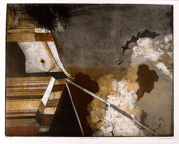 Artist: b'BALDESSIN, George' | Title: b'Personage and factory smoke.' | Date: 1974 | Technique: b'etching and aquatint, printed in black ink, from two plates; stencil, printed in colour ink, printed from multiple stencils.' Artist: b'BALDESSIN, George' | Title: b'Personage and factory smoke.' | Date: 1974 | Technique: b'etching and aquatint, printed in black ink, from two plates; stencil, printed in colour ink, printed from multiple stencils.'