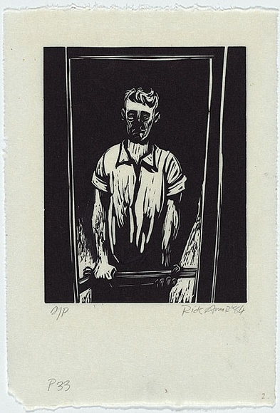 Artist: b'AMOR, Rick' | Title: b'[man with gun]' | Date: 1984 | Technique: b'linocut, printed in black ink, from one block' | Copyright: b'\xc2\xa9 Rick Amor. Licensed by VISCOPY, Australia.'