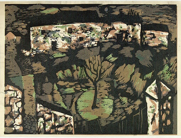 Artist: b'Adams, Tate.' | Title: b'(Village in Mourne).' | Date: (1954) | Technique: b'linocut, printed in colour, from four blocks' Artist: b'Adams, Tate.' | Title: b'(Village in Mourne).' | Date: (1954) | Technique: b'linocut, printed in colour, from four blocks'