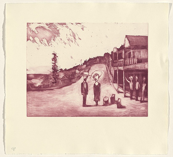 Artist: b'Shead, Garry.' | Title: b'Thirroul' | Date: 1994-95 | Technique: b'etching and aquatint, printed in magenta ink, from one plate' | Copyright: b'\xc2\xa9 Garry Shead' Artist: b'Shead, Garry.' | Title: b'Thirroul' | Date: 1994-95 | Technique: b'etching and aquatint, printed in magenta ink, from one plate' | Copyright: b'\xc2\xa9 Garry Shead'