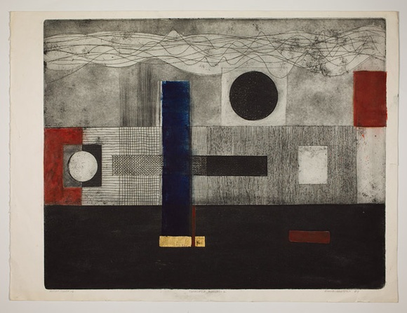 Artist: b'Haxton, Elaine' | Title: b'Japanese garden 2' | Date: 1967 | Technique: b'etching and aquatint, hand-coloured and gold leaf' Artist: b'Haxton, Elaine' | Title: b'Japanese garden 2' | Date: 1967 | Technique: b'etching and aquatint, hand-coloured and gold leaf'