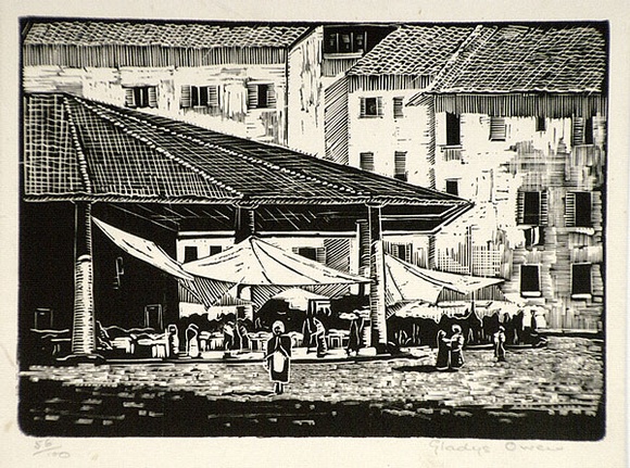 Artist: b'Owen, Gladys.' | Title: b'Greeting card: (Mediterranean village street market)' | Date: c.1933 | Technique: b'wood-engraving, printed in black ink, from one block' | Copyright: b'\xc2\xa9 Estate of David Moore' Artist: b'Owen, Gladys.' | Title: b'Greeting card: (Mediterranean village street market)' | Date: c.1933 | Technique: b'wood-engraving, printed in black ink, from one block' | Copyright: b'\xc2\xa9 Estate of David Moore'
