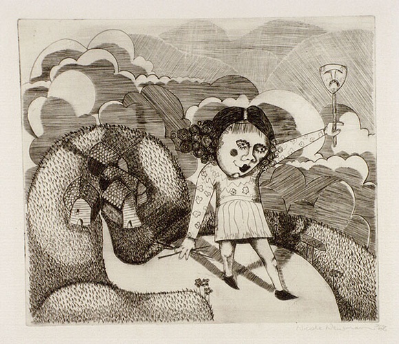 Artist: b'Newman, Nicole.' | Title: b'Child working towards the world' | Date: 1968 | Technique: b'line-engraving, printed in black ink, from one copper plate' Artist: b'Newman, Nicole.' | Title: b'Child working towards the world' | Date: 1968 | Technique: b'line-engraving, printed in black ink, from one copper plate'