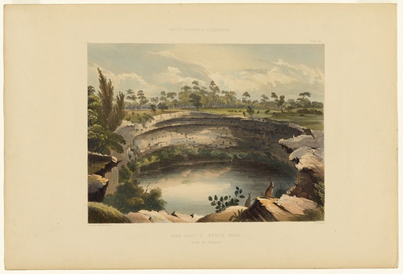Artist: b'Angas, George French.' | Title: bThe Devil's Punch Bowl, Mt Gambier. | Date: 1846-47 | Technique: b'lithograph, printed in colour, from multiple stones; varnish highlights by brush' Artist: b'Angas, George French.' | Title: bThe Devil's Punch Bowl, Mt Gambier. | Date: 1846-47 | Technique: b'lithograph, printed in colour, from multiple stones; varnish highlights by brush'