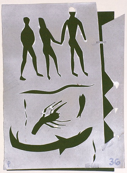 Artist: b'Blackman, Charles.' | Title: b'Stencil (three figures, lobster, fish).' | Date: c.1952 | Technique: b'hand cut paper stencil, paint' Artist: b'Blackman, Charles.' | Title: b'Stencil (three figures, lobster, fish).' | Date: c.1952 | Technique: b'hand cut paper stencil, paint'