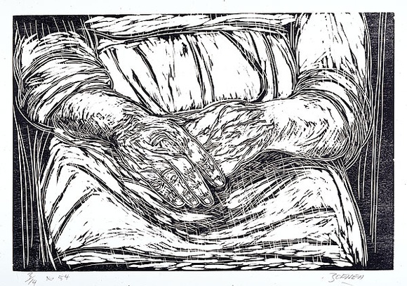 Artist: b'Zofrea, Salvatore.' | Title: bMy mother's hands | Date: 1994-1999 | Technique: b'woodcut, printed in black ink, from an Indonesian jelutong woodblock' | Copyright: b'\xc2\xa9 Salvatore Zofrea, 1994-1999' Artist: b'Zofrea, Salvatore.' | Title: bMy mother's hands | Date: 1994-1999 | Technique: b'woodcut, printed in black ink, from an Indonesian jelutong woodblock' | Copyright: b'\xc2\xa9 Salvatore Zofrea, 1994-1999'