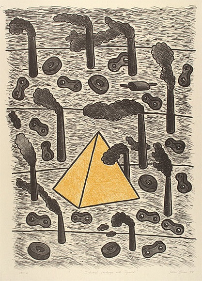 Artist: b'Bowen, Dean.' | Title: b'Industrial landscape with pyramid' | Date: 1988 | Technique: b'lithograph, printed in yellow and black ink, from two stones' Artist: b'Bowen, Dean.' | Title: b'Industrial landscape with pyramid' | Date: 1988 | Technique: b'lithograph, printed in yellow and black ink, from two stones'